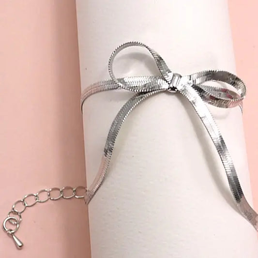 Herringbone Snake Chain Bow Bracelet- Silver