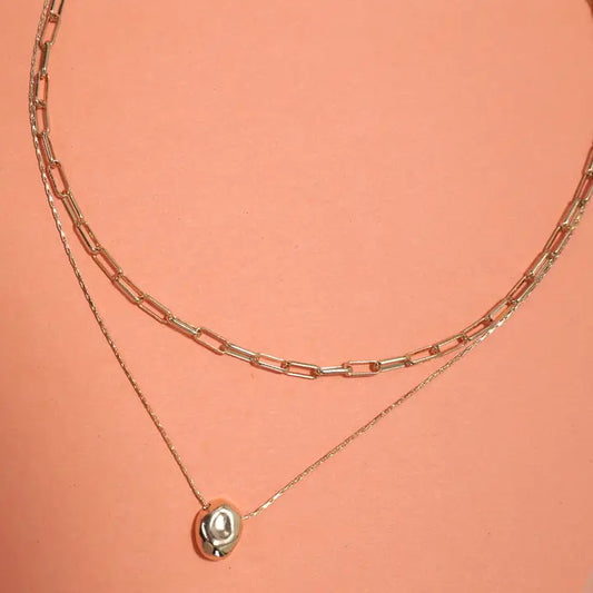 Double Layer Link Chain Bean Charm Necklace- Gold