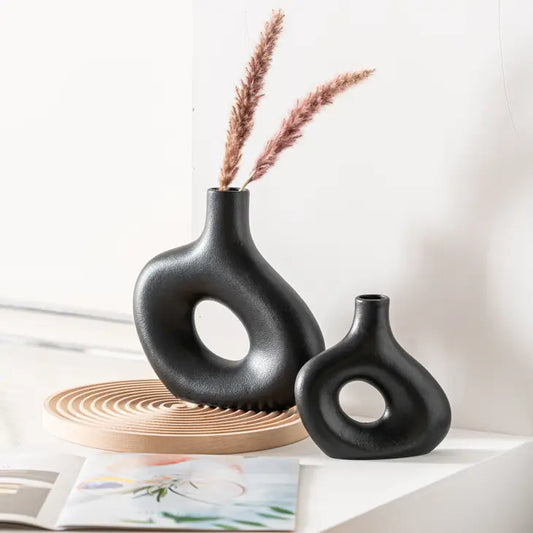 S/2 Donut Ceramic Hollow Donut Vase Black
