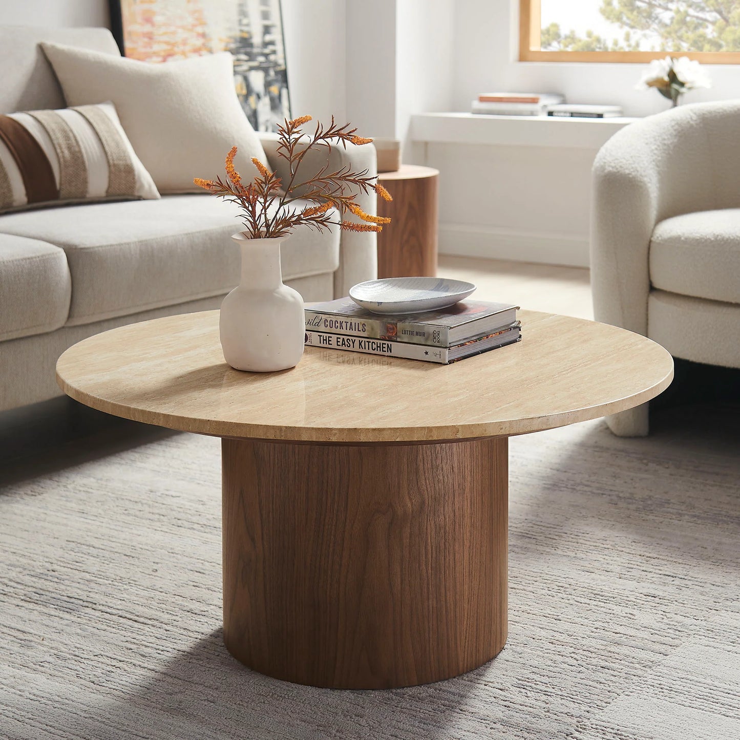 Walnut Round Travertine Coffee Table