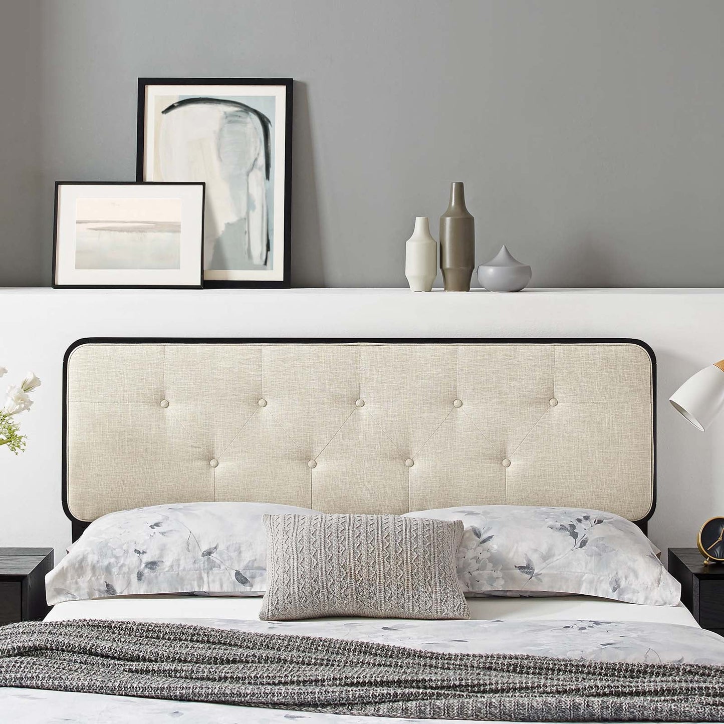 Collins Tufted Wood Headboard- Beige & Black