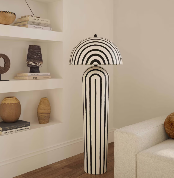 Black Striped Papier Mache Floor Lamp