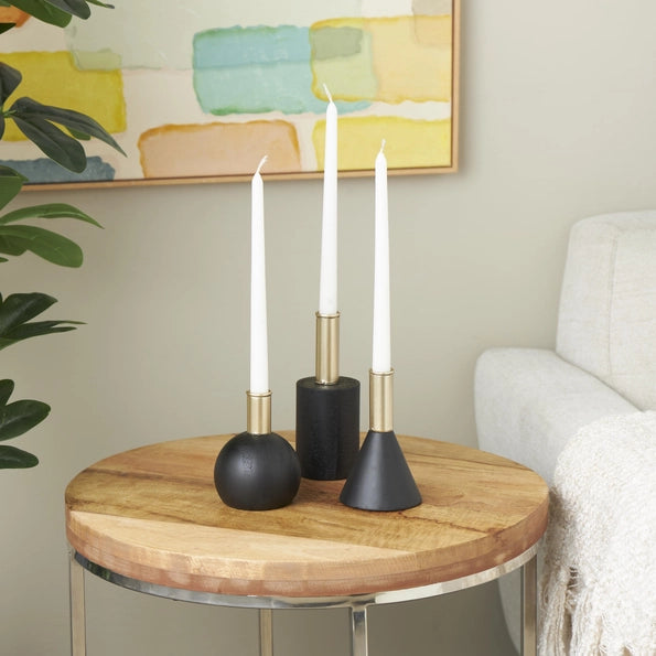 Contemporary Black Wood Candle Holder Set